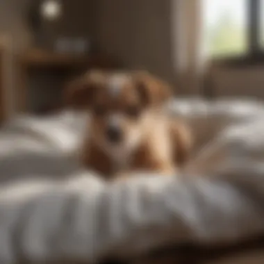 Cozy puppy bed with soft blankets and toys