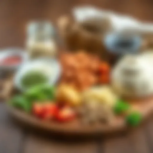 Ingredients for homemade cat food arranged on a wooden board