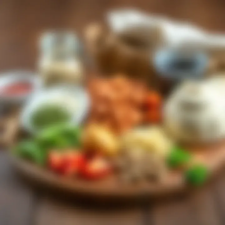 Ingredients for homemade cat food arranged on a wooden board