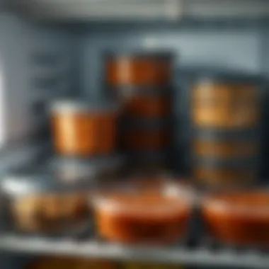 Storage containers filled with homemade cat food in a refrigerator