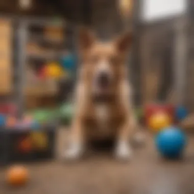 Joyful Dog in a Safe Fenced Environment A happy dog playing in a secure fenced space surrounded by toys and enrichment activities.