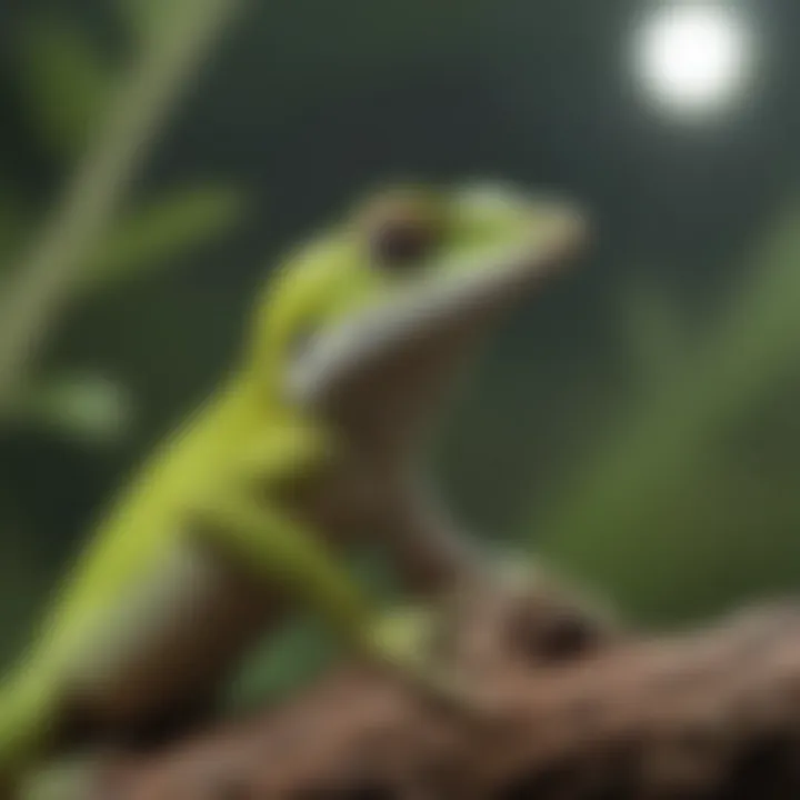 Close-up of an anole perched on a branch inside its habitat.