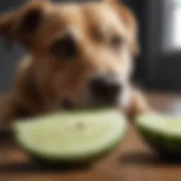 A dog sniffing a fresh cucumber slice