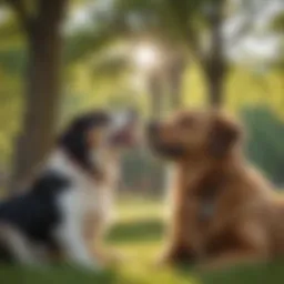A dog looking happily at its owner in a sunny park setting