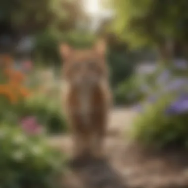 Curious cat exploring a garden filled with flowers