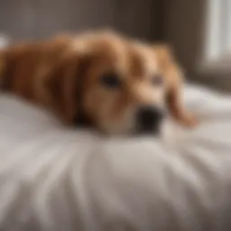 Curious dog sniffing around the bed