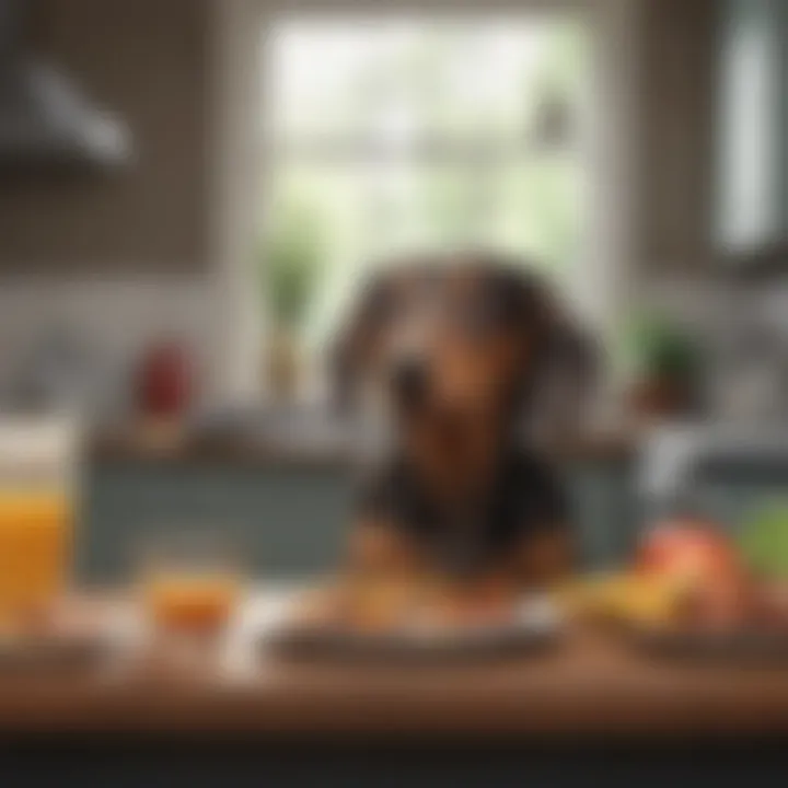 Dachshund enjoying a healthy meal in a modern kitchen