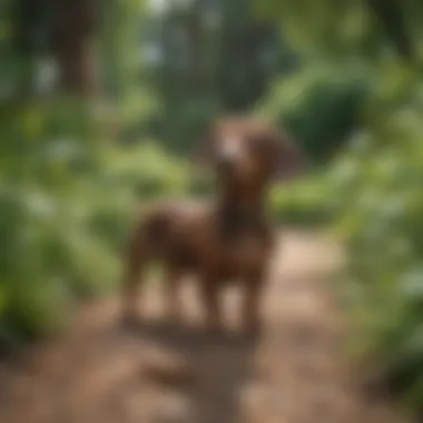 Dachshund playing in a beautifully landscaped garden