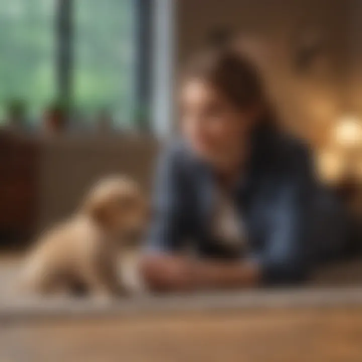 A trainer using positive reinforcement with a puppy in a cozy indoor environment