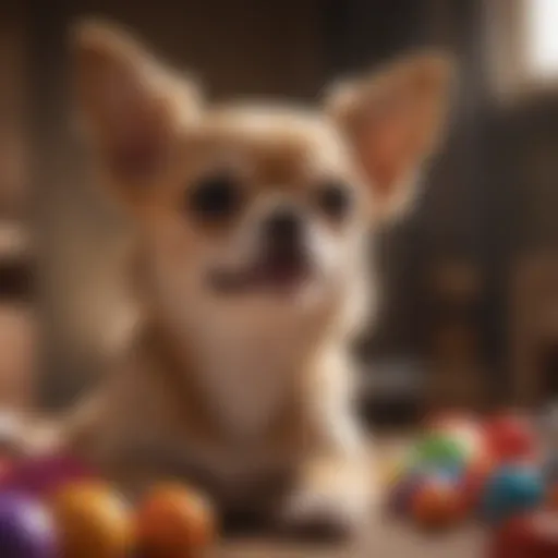 A playful Chihuahua surrounded by colorful toys