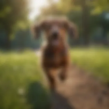 An energetic Dachshund running in a grassy park