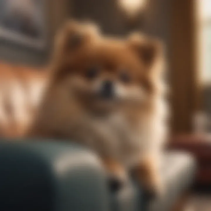 A serene Pomeranian lounging on a cozy couch