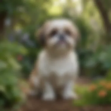 A curious Shih Tzu exploring a vibrant garden