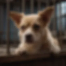 Distressed dog in cramped cage