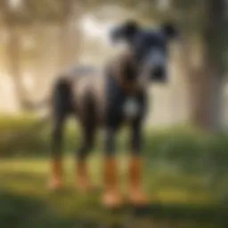 A Great Dane wearing stylish dog boots on a grassy field