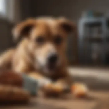 Dog chewing on various household items