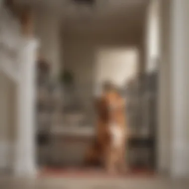 A dog gate installed at a wide staircase preventing pet access