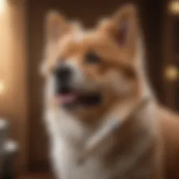 A dog being brushed with a grooming brush