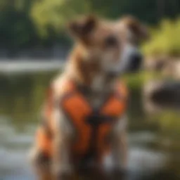 A dog wearing a brightly colored life vest by the water