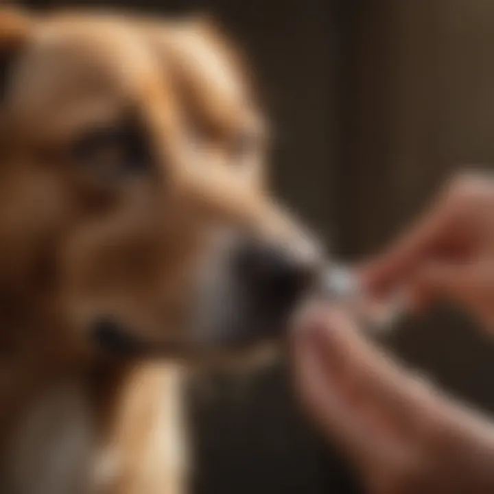 Dog owner administering eye drops to a dog