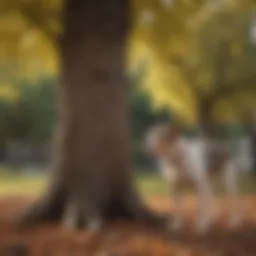 A dog marking its territory on a tree in a park