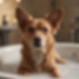 A serene dog enjoying a gentle bath with soothing shampoo.