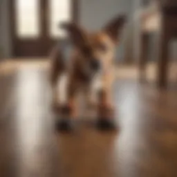 Dog wearing protective shoes on wooden floor