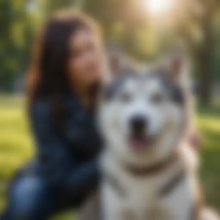 Dog sitter bonding with a majestic Husky in a picturesque park