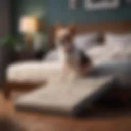 A small dog using a stylish ramp to access a bed