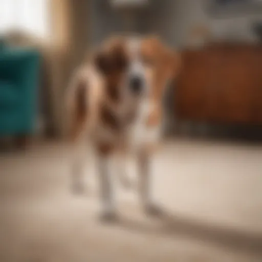 Dog undergoing training to prevent peeing on carpet