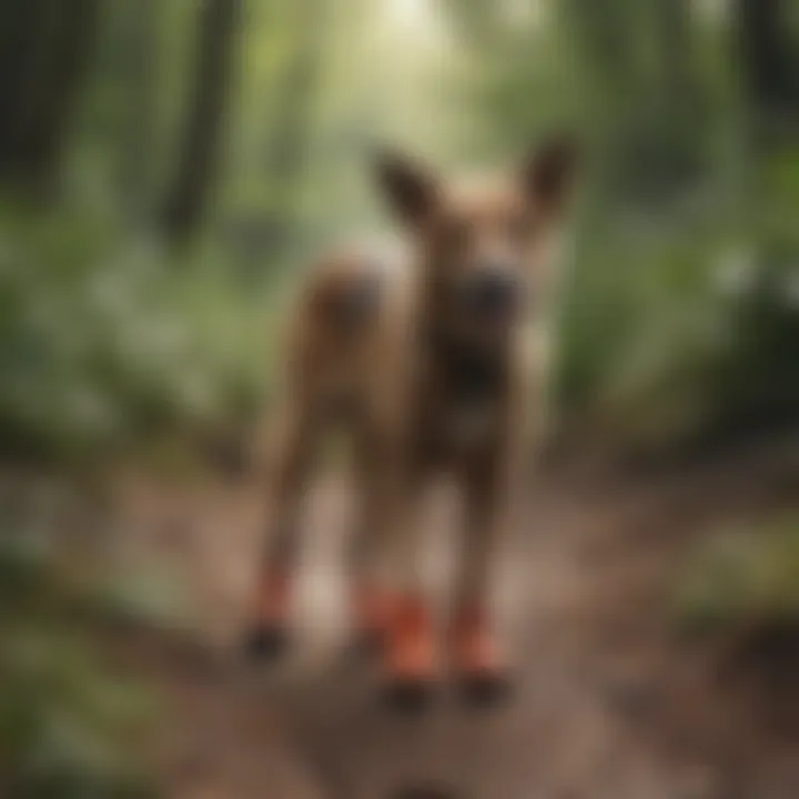 Dog wearing protective boots on a nature trail