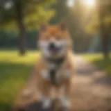 Shiba Inu on a leash walking in a park