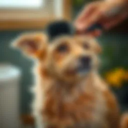 Short-haired dog being groomed with a brush