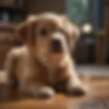 A calm puppy sitting peacefully in a serene environment