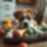 A dog on a chewing mat surrounded by safe toys
