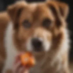 A dog looking curiously at a chew toy