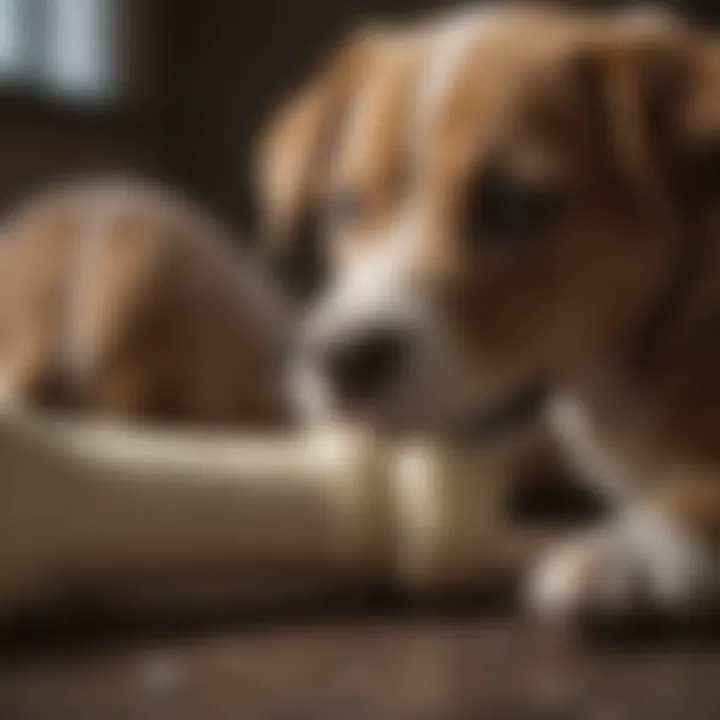 Close-up of puppy chewing on a safe chew bone