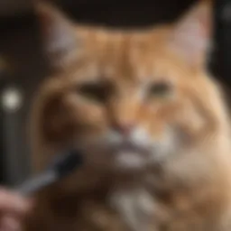 Cat being groomed with a specialized brush