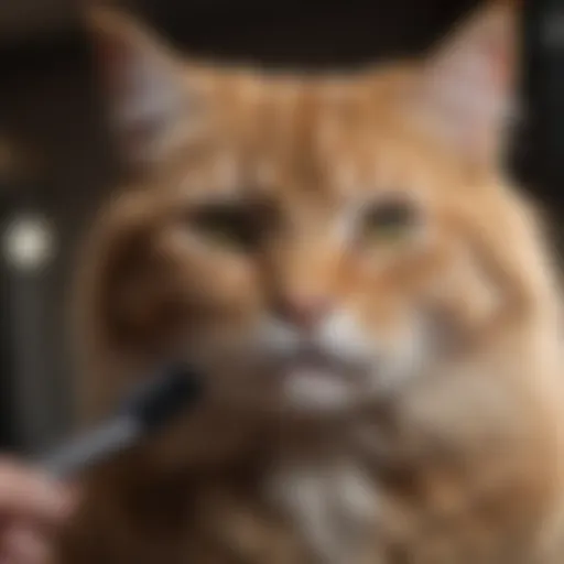 Cat being groomed with a specialized brush