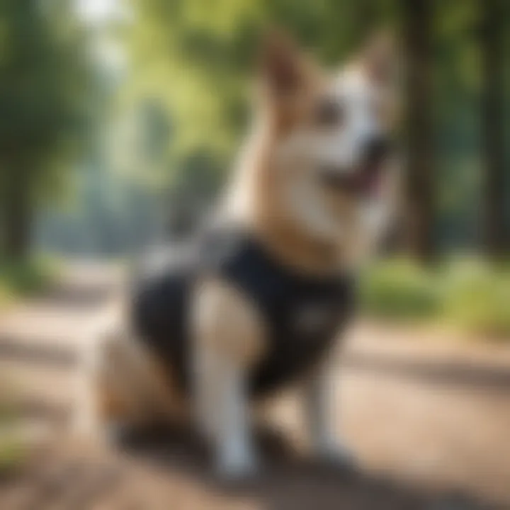 A dog wearing a cooling vest during a summer walk