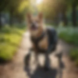 Elegant dog running stroller in lush park