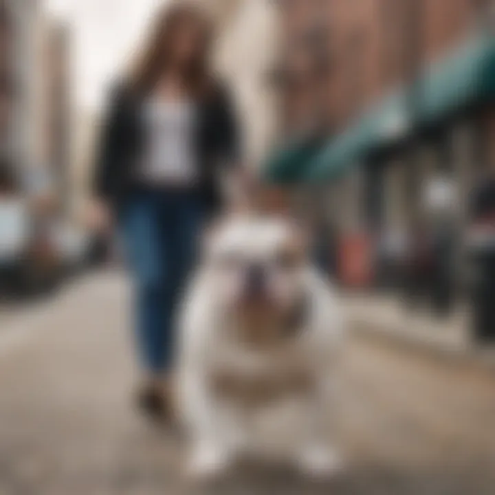 English Bulldog owners enjoying a walk in the city