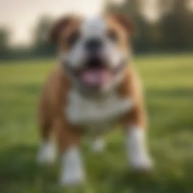 English Bulldog playing joyfully in a green field