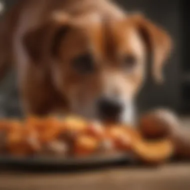 Dog sniffing a plate of steamed sweet potatoes