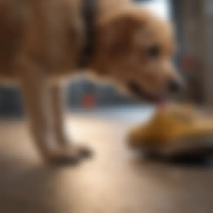 Dog trying on non-slip shoes