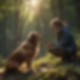 A serene landscape with a dog and owner bonding in nature