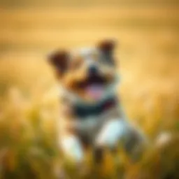 A joyful puppy playing in a grassy field