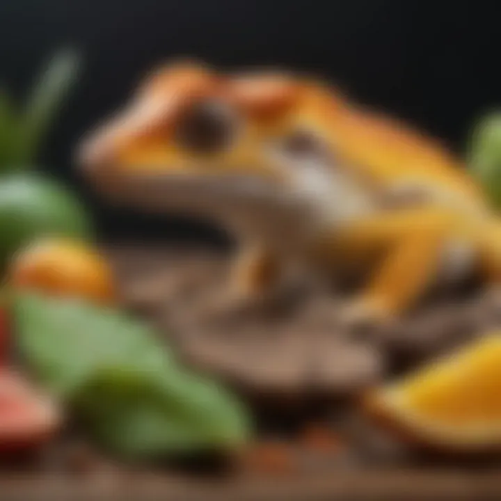 A variety of nutritious foods suitable for crested geckos, including fruits and commercial diets