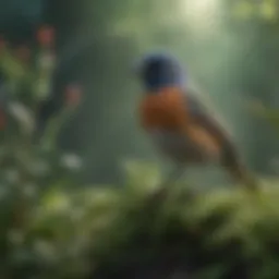 A serene bird perched on a branch amidst herbs.
