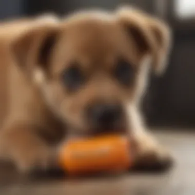 Owner redirecting puppy's biting to chew toy